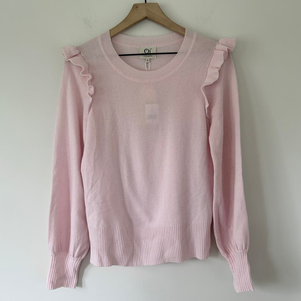 NWT Qi Cashmere Pale Pink Ruffle Crew-Neck Sweater Small